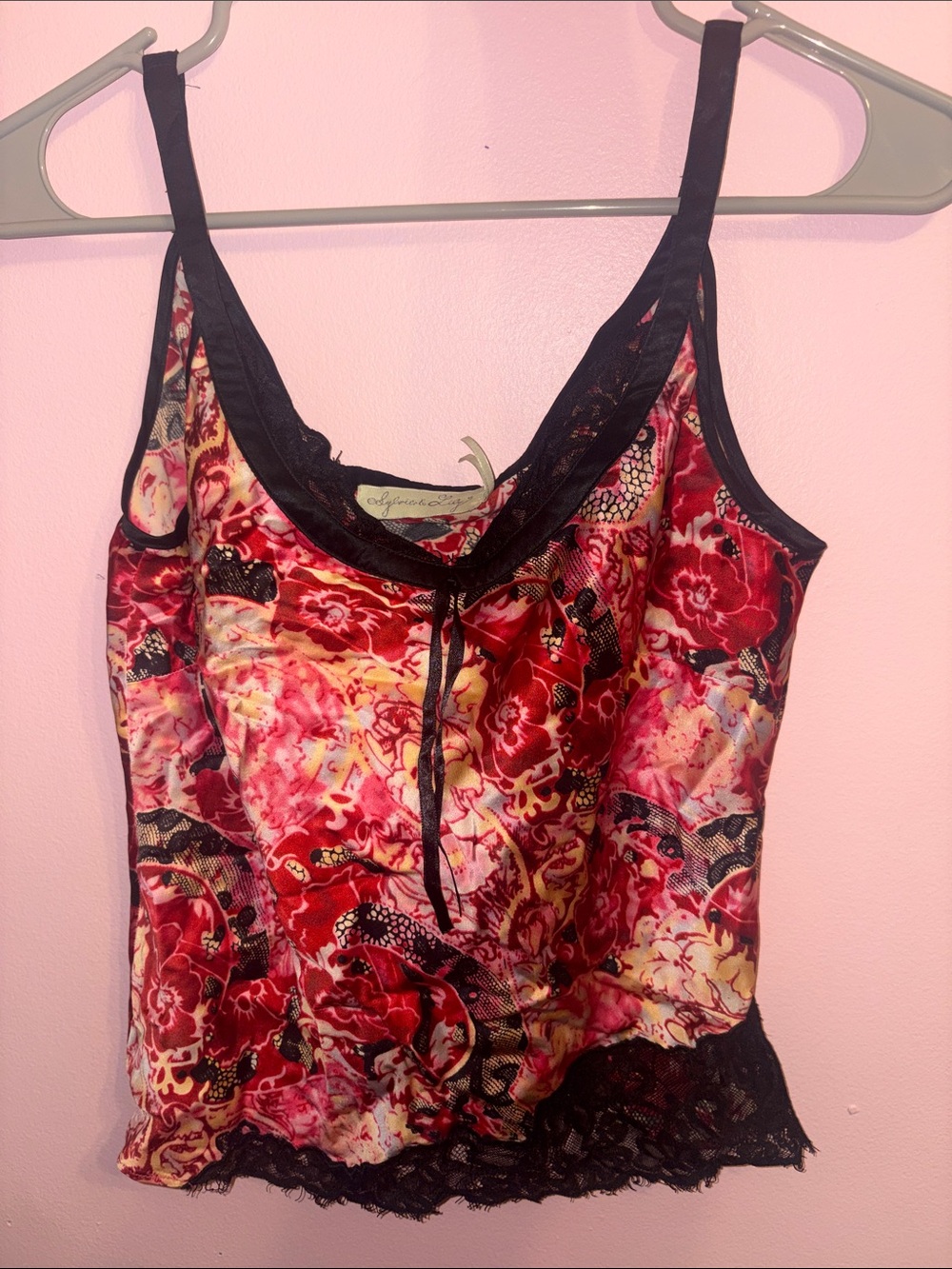 Floral Red Satin Lace-Trim Cami Top